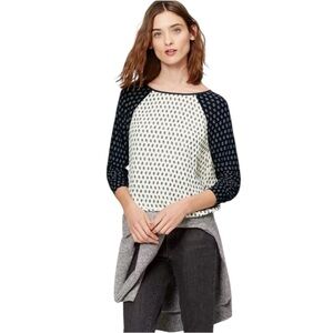 LOFT Mixed Media Foulard Print Raglan Sleeve Blouse Navy Cream Size Medium